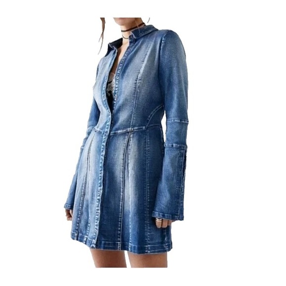 Free People Dresses & Skirts - Free People Thea Denim Mini Dress Womens M Blue Snap Front A-Line Long Sleeve